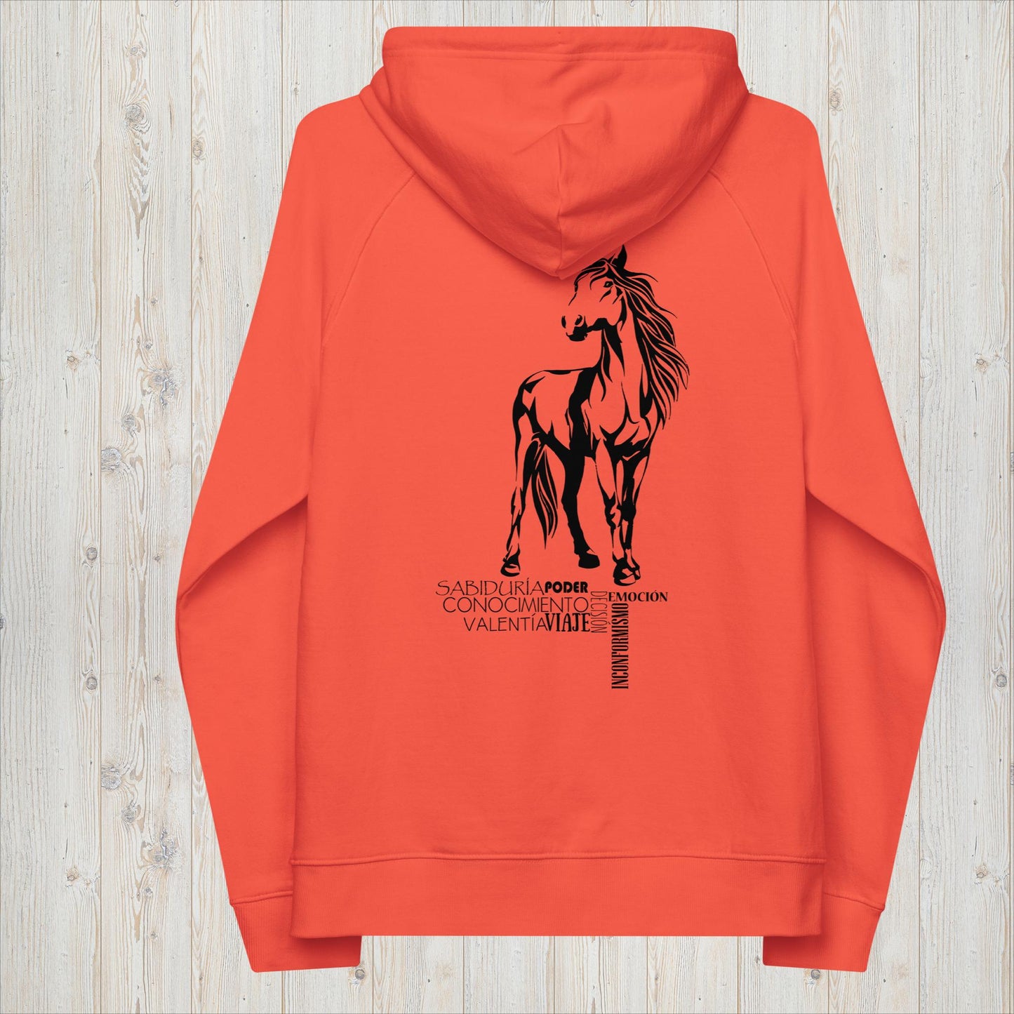 Sudadera capucha orgánica unisex CABALLO - Viaje, valentía y rebeldía