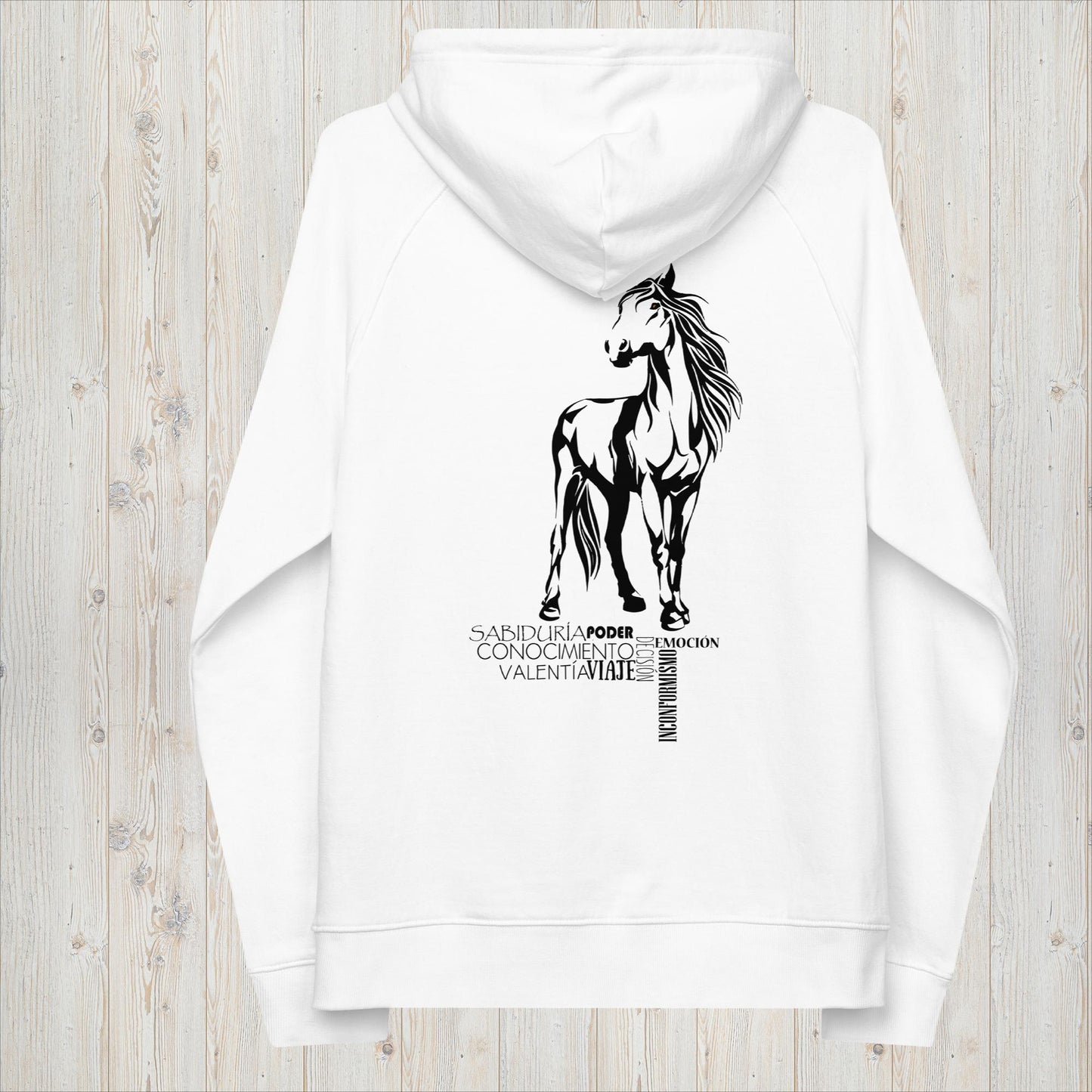 Sudadera capucha orgánica unisex CABALLO - Viaje, valentía y rebeldía