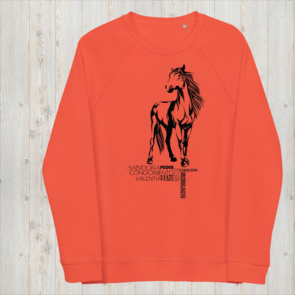 Sudadera orgánica unisex CABALLO - Viaje, valentía y rebeldía